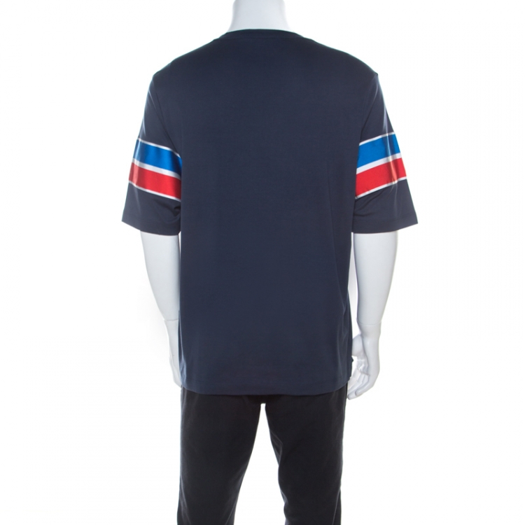 مملوكة مسبقًا Louis Vuitton Dark Blue Cotton Logo Embroidered Striped Sleeve T Shirt XXL 