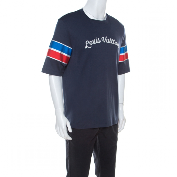 Louis Vuitton Dark Blue Cotton Logo Embroidered Striped Sleeve T Shirt XXL Louis  Vuitton