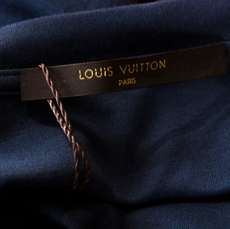 مملوكة مسبقًا Louis Vuitton Dark Blue Cotton Logo Embroidered Striped Sleeve T Shirt XXL 