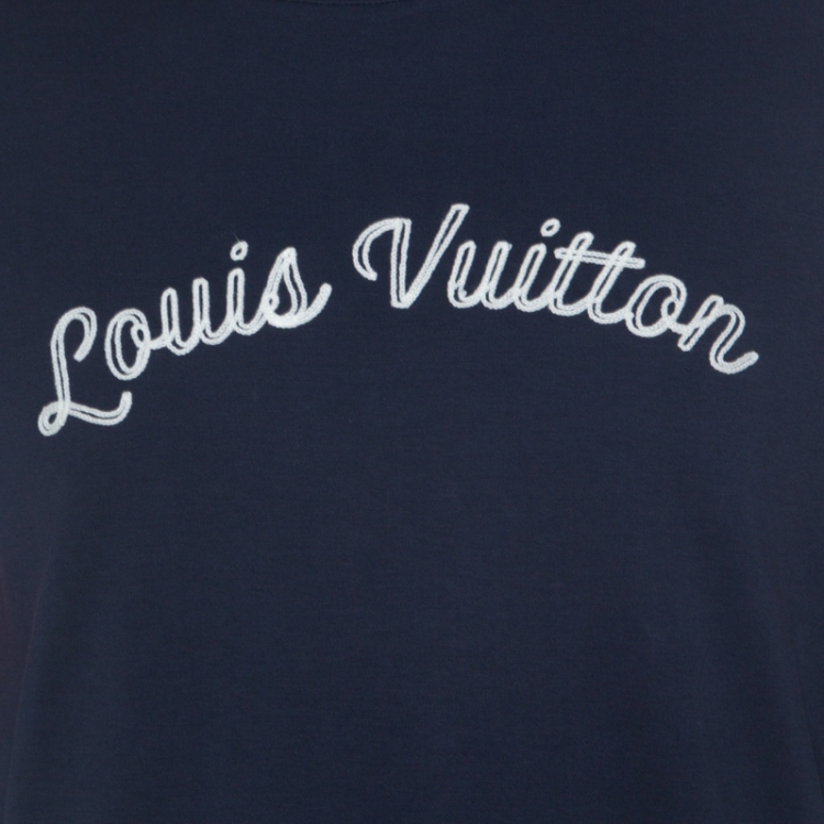 مملوكة مسبقًا Louis Vuitton Dark Blue Cotton Logo Embroidered Striped Sleeve T Shirt XXL 