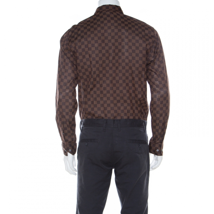 Pre Owned Louis Vuitton Brown Cotton Damier Ebene Button Front Shirt M 