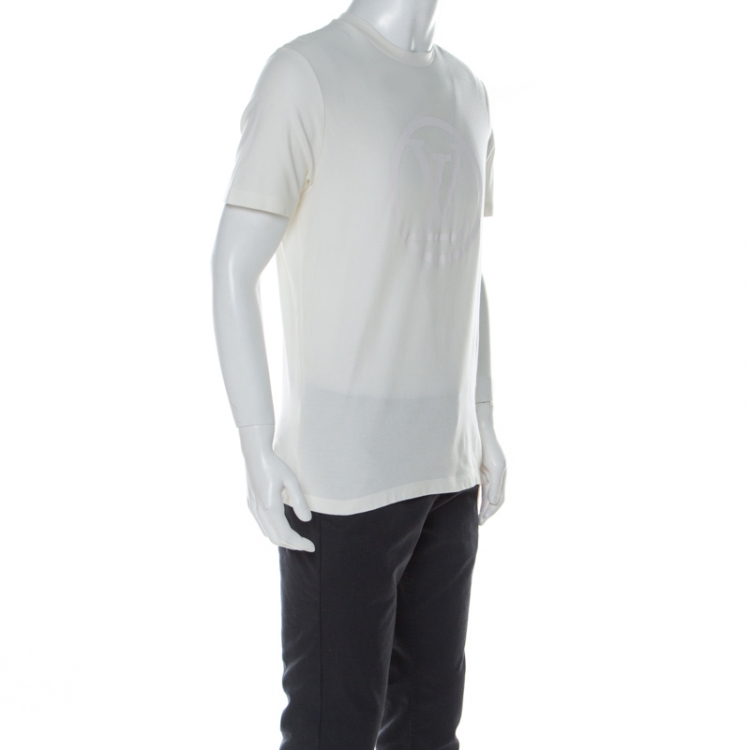 Pre Owned Louis Vuitton Off White Cotton Logo Print Round Neck T-shirt M
