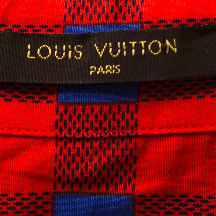 Pre Owned Louis Vuitton Red and Blue Masai Check Short Sleeve Shirt M