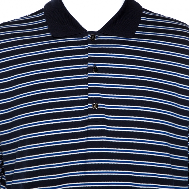 Pre Owned Louis Vuitton Dark Blue Striped Stretch Cotton Polo T-Shirt XXL
