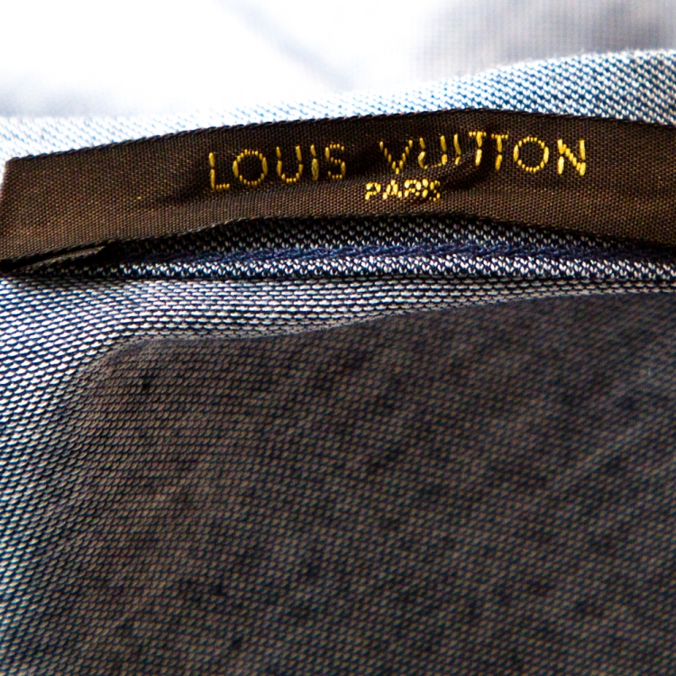 Pre Owned Louis Vuitton Pale Blue Patched Cotton Stitch Detail T-Shirt L