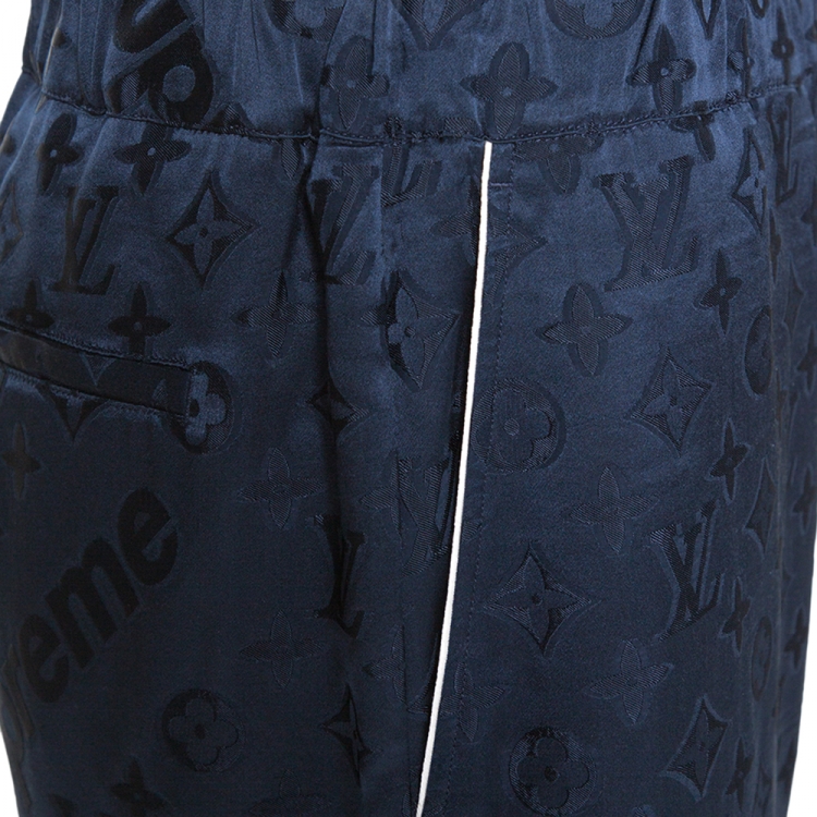 Pre Owned Louis Vuitton x Supreme Navy Blue Monogram Jacquard Satin Pajama Pants XL