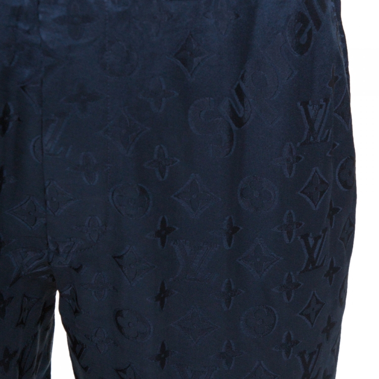 Pre Owned Louis Vuitton x Supreme Navy Blue Monogram Jacquard Satin Pajama Pants XL