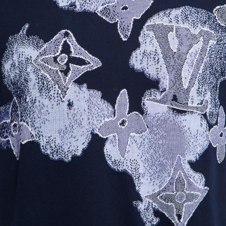 Pre Owned Louis Vuitton Blue Logo Patterned Knit Crewneck T-Shirt M