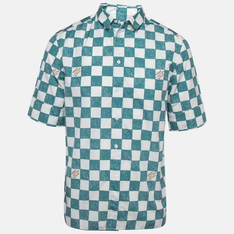 Pre Owned Louis Vuitton White/Blue Checked Cotton Short Sleeve Damier Shirt M