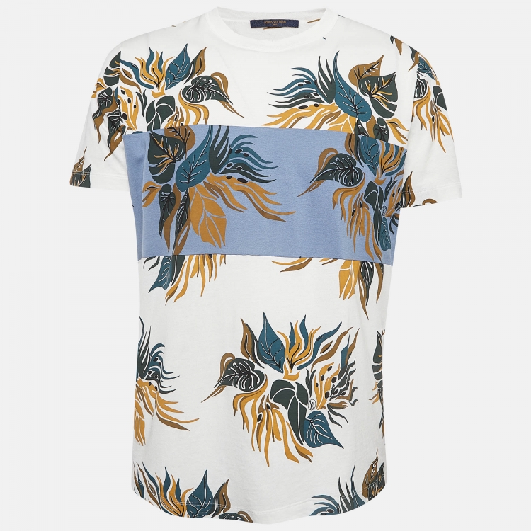 Pre Owned Louis Vuitton White/Blue Leaf Print Cotton T-Shirt M