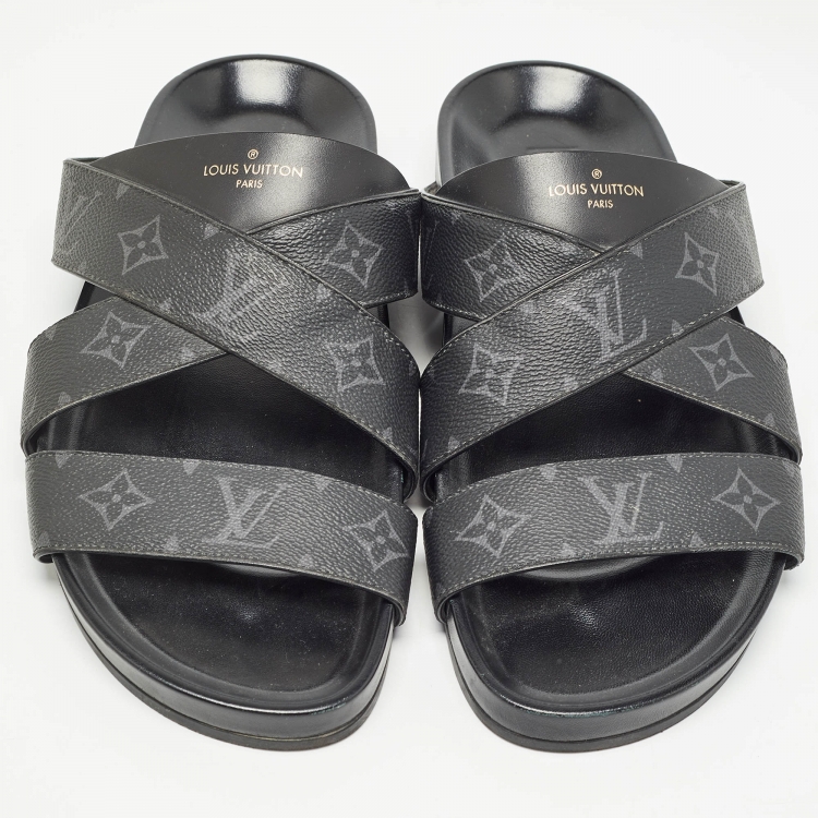 Pre Owned Louis Vuitton Black Monogram Leather Mirabeau Flat Slides Size 43 