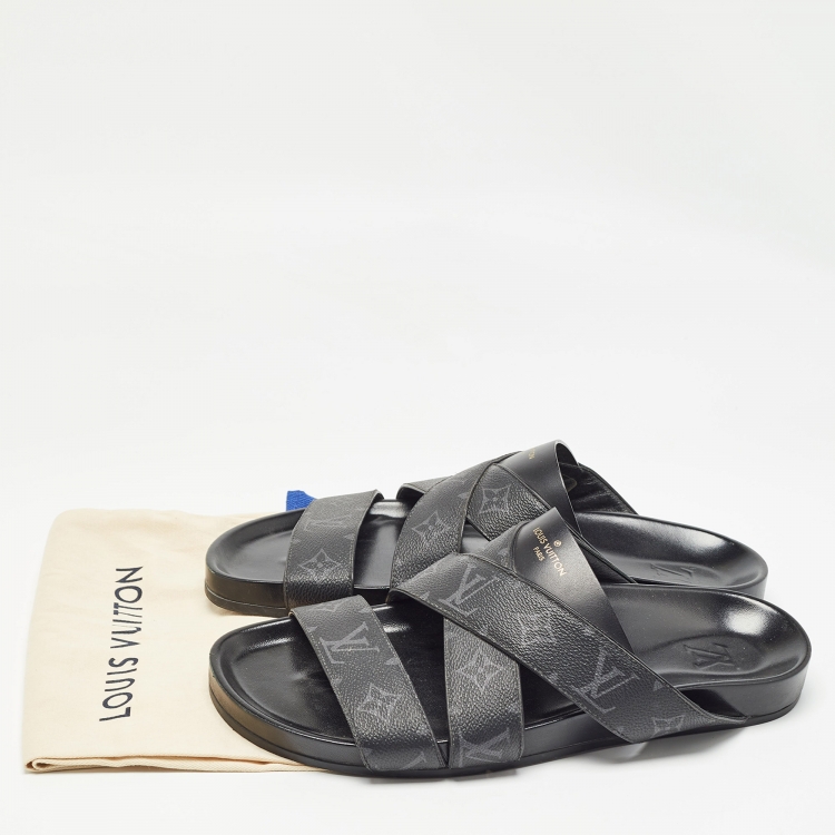 Pre Owned Louis Vuitton Black Monogram Leather Mirabeau Flat Slides Size 43 