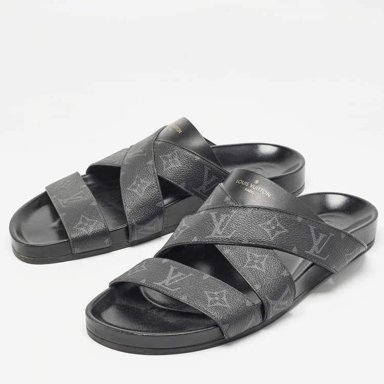 Pre Owned Louis Vuitton Black Monogram Leather Mirabeau Flat Slides Size 43 