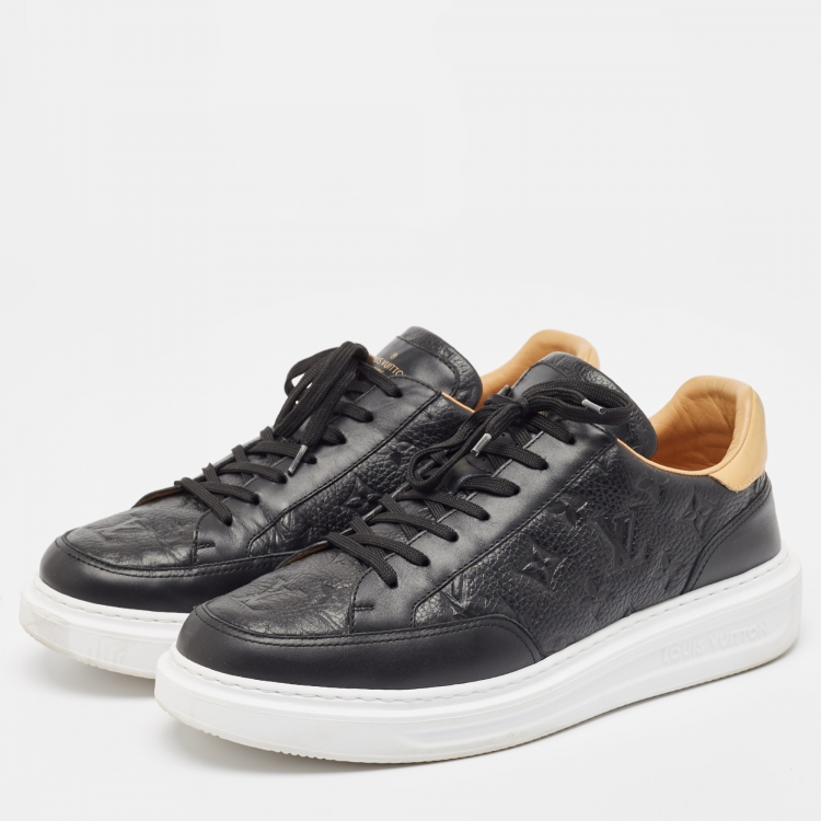 Pre Owned Louis Vuitton Black Monogram Leather Beverley Lace Up Sneakers Size 42.5