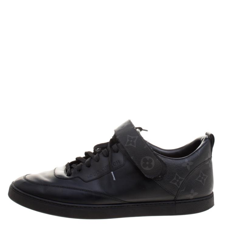 Pre Owned Louis Vuitton Black Leather And Monogram Canvas Passenger Lace Up Sneakers Size 43