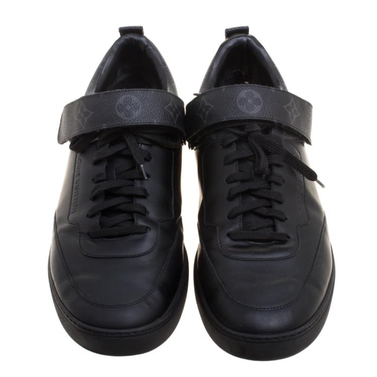 Pre Owned Louis Vuitton Black Leather And Monogram Canvas Passenger Lace Up Sneakers Size 43