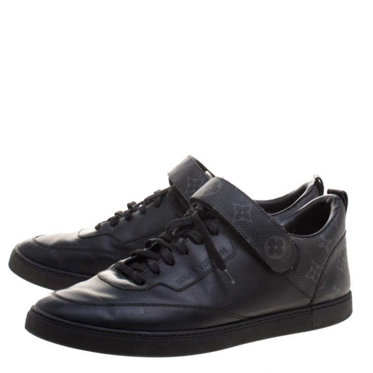 Pre Owned Louis Vuitton Black Leather And Monogram Canvas Passenger Lace Up Sneakers Size 43