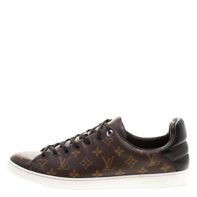 Pre Owned Louis Vuitton Brown Monogram Canvas and Black Leather Frontrow Low Top Sneakers Size 47
