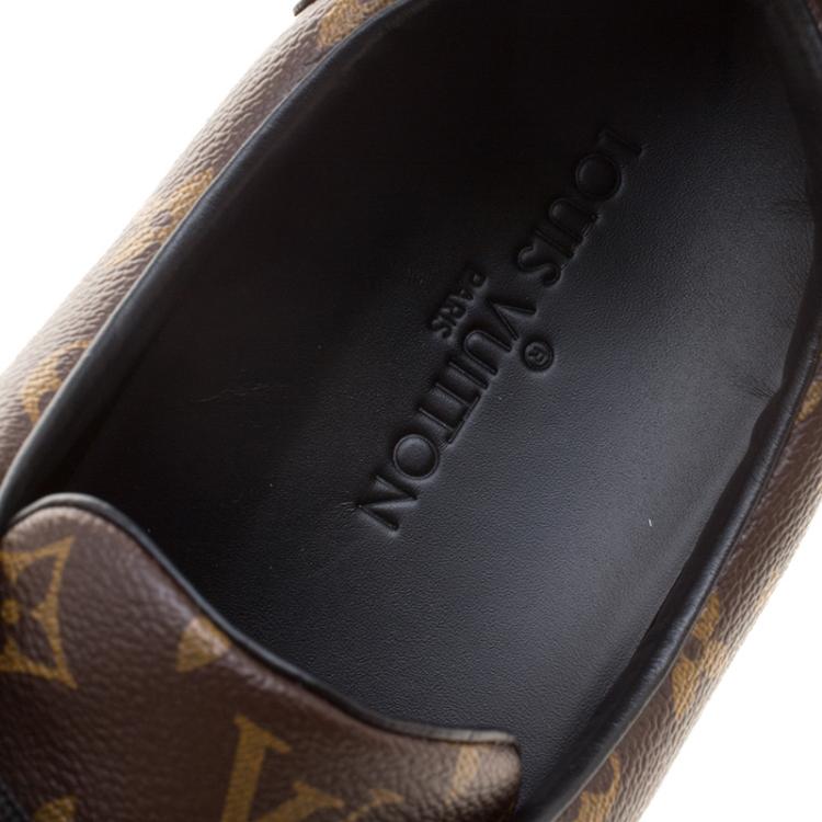 Pre Owned Louis Vuitton Brown Monogram Canvas and Black Leather Frontrow Low Top Sneakers Size 47