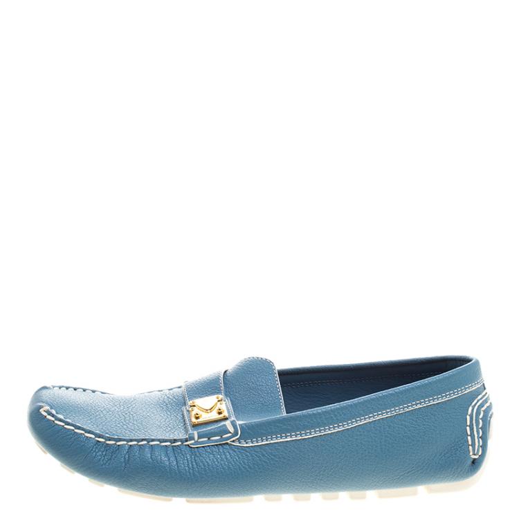 Pre Owned Louis Vuitton Blue Suhali Leather Lombok Driving Loafers Size 40.5