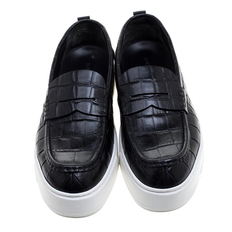 Pre Owned Louis Vuitton Black Croc Embossed Leather Slip on Sneakers Size 40.5
