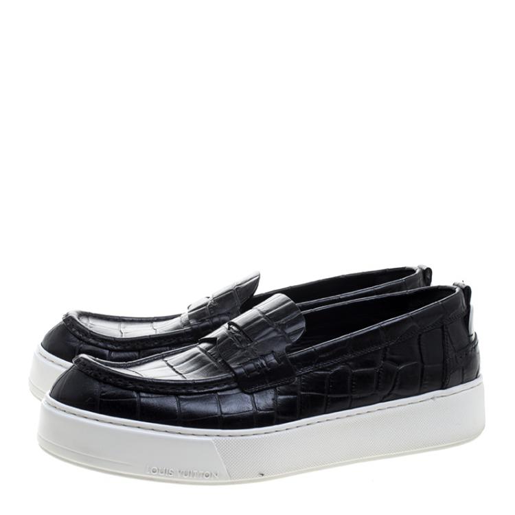 Pre Owned Louis Vuitton Black Croc Embossed Leather Slip on Sneakers Size 40.5