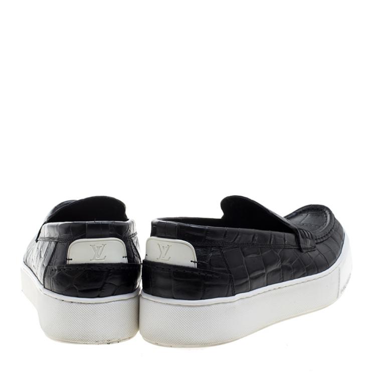 Pre Owned Louis Vuitton Black Croc Embossed Leather Slip on Sneakers Size 40.5