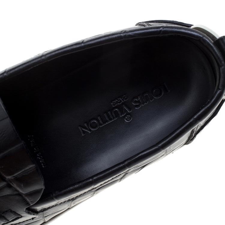 Pre Owned Louis Vuitton Black Croc Embossed Leather Slip on Sneakers Size 40.5