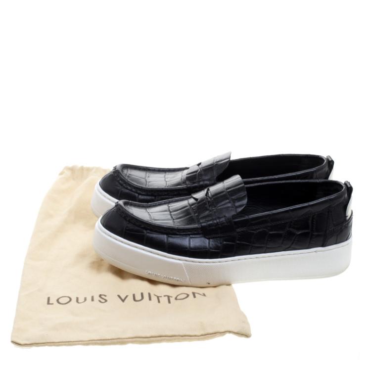 Pre Owned Louis Vuitton Black Croc Embossed Leather Slip on Sneakers Size 40.5