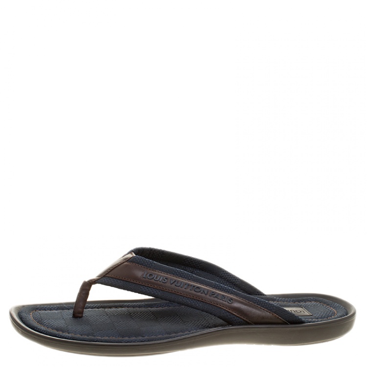 Pre Owned Louis Vuitton Two Tone Damier Canvas and Leather Thong Sandals Size 43.5