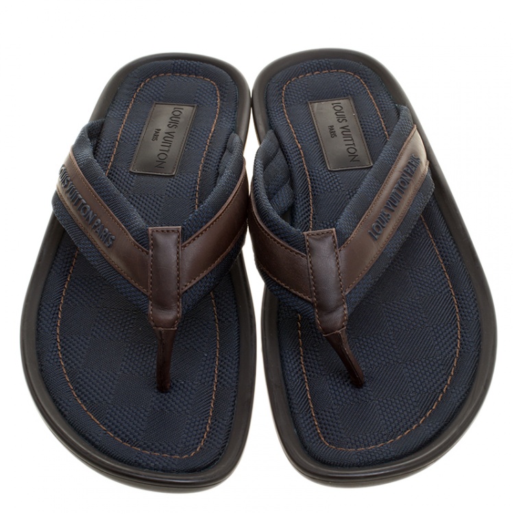 Pre Owned Louis Vuitton Two Tone Damier Canvas and Leather Thong Sandals Size 43.5