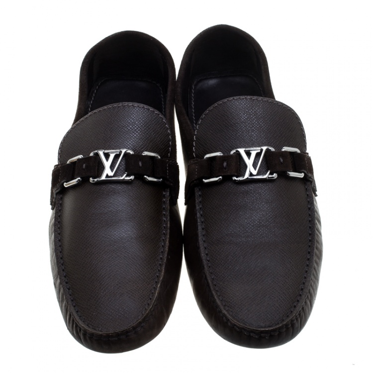 Pre Owned Louis Vuitton Brown Leather and Suede Trim Hockenheim Moccasins Size 43
