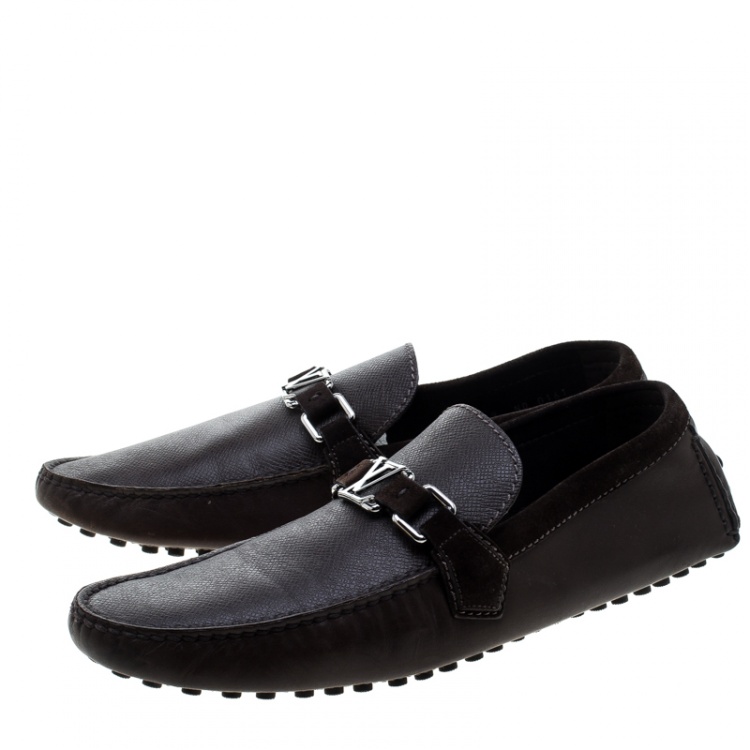 Pre Owned Louis Vuitton Brown Leather and Suede Trim Hockenheim Moccasins Size 43