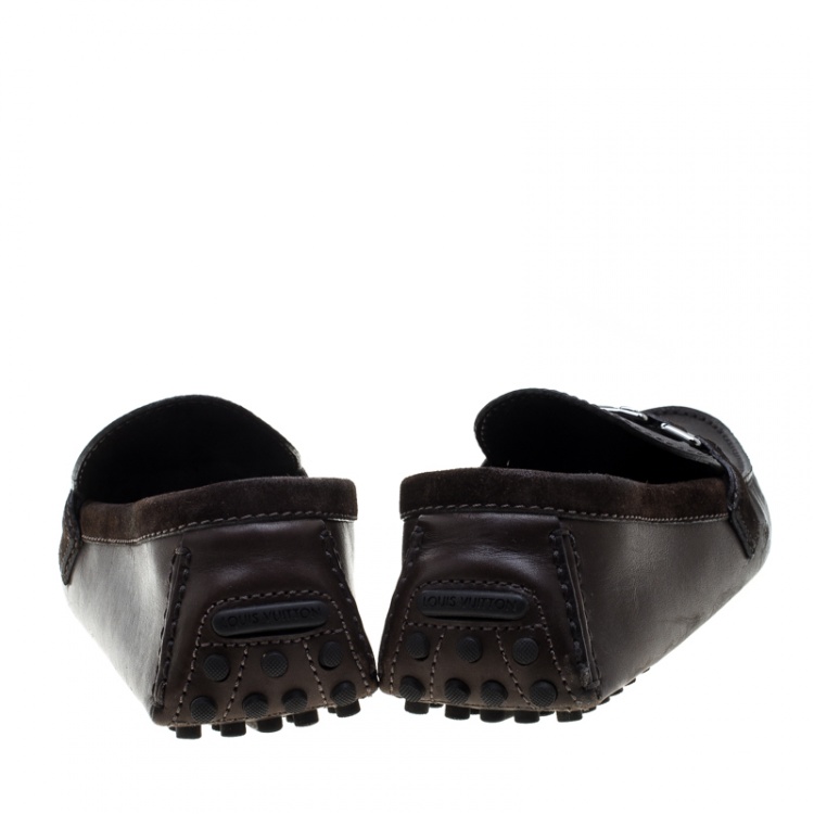 Pre Owned Louis Vuitton Brown Leather and Suede Trim Hockenheim Moccasins Size 43