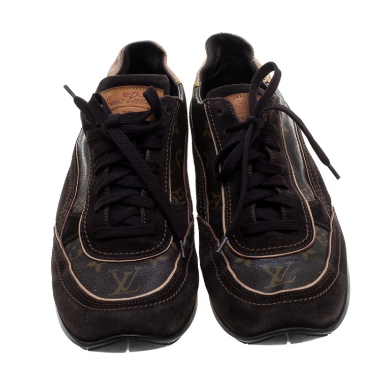 Pre Owned Louis Vuitton Brown Monogram Canvas and Suede Low Top Sneakers Size 45