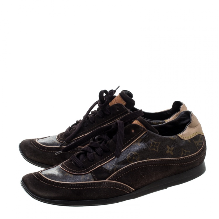 Pre Owned Louis Vuitton Brown Monogram Canvas and Suede Low Top Sneakers Size 45