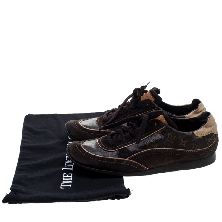 Pre Owned Louis Vuitton Brown Monogram Canvas and Suede Low Top Sneakers Size 45