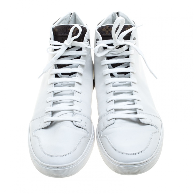 Pre Owned Louis Vuitton White Leather and Monogram Canvas High Top Sneakers Size 41.5