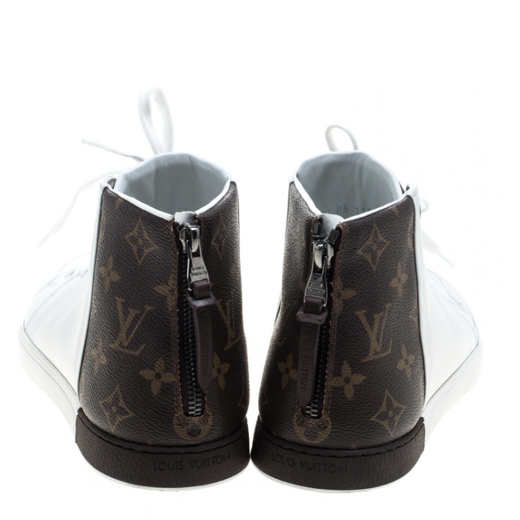 Pre Owned Louis Vuitton White Leather and Monogram Canvas High Top Sneakers Size 41.5