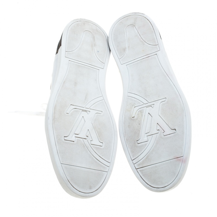 Pre Owned Louis Vuitton White Leather and Monogram Canvas High Top Sneakers Size 41.5