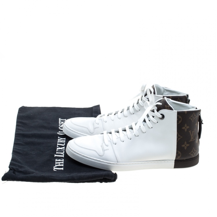 Pre Owned Louis Vuitton White Leather and Monogram Canvas High Top Sneakers Size 41.5