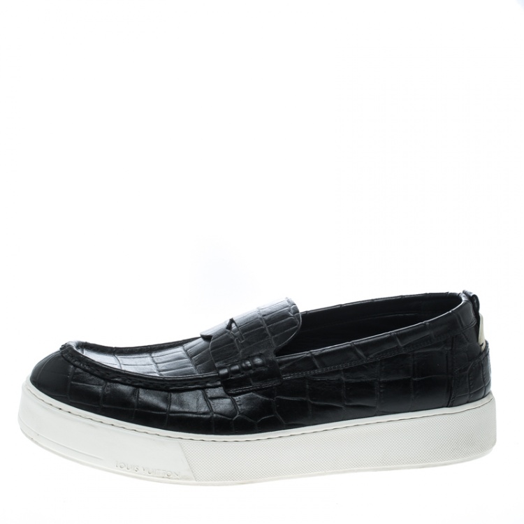 Pre Owned Louis Vuitton Black Croc Embossed Leather Loafers Size 45 