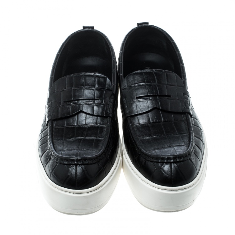 Pre Owned Louis Vuitton Black Croc Embossed Leather Loafers Size 45 