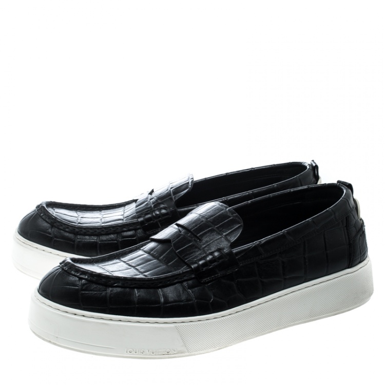 Pre Owned Louis Vuitton Black Croc Embossed Leather Loafers Size 45 