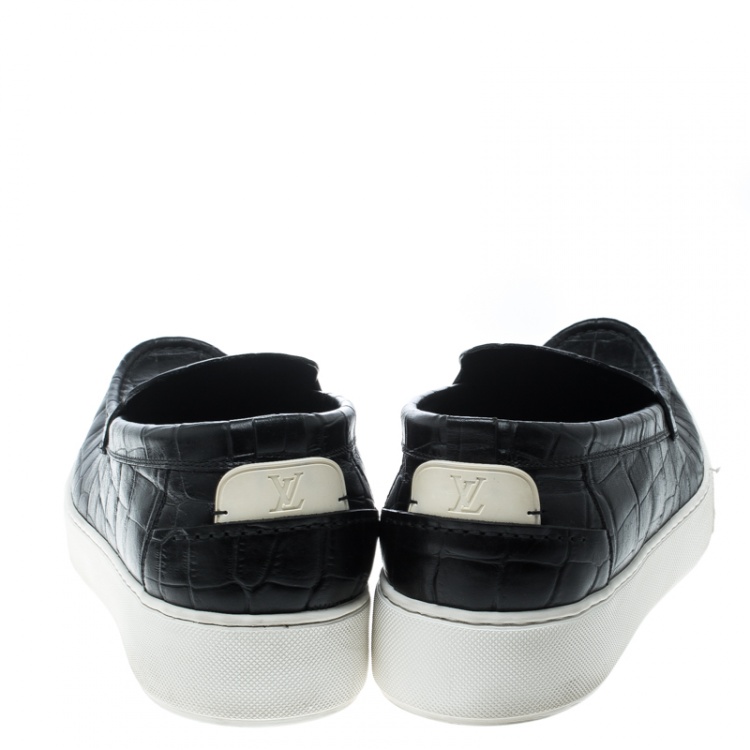 Pre Owned Louis Vuitton Black Croc Embossed Leather Loafers Size 45 