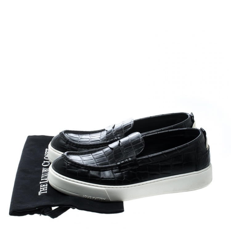 Pre Owned Louis Vuitton Black Croc Embossed Leather Loafers Size 45 
