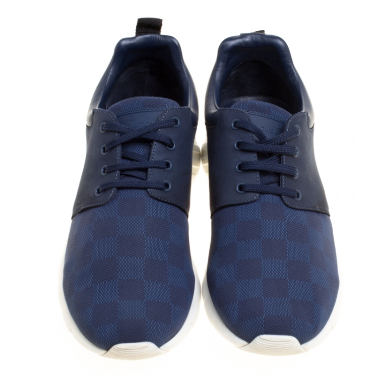 Pre Owned Louis Vuitton Blue Damier Nylon and Nubuck Fastlane Sneakers Size 42.5