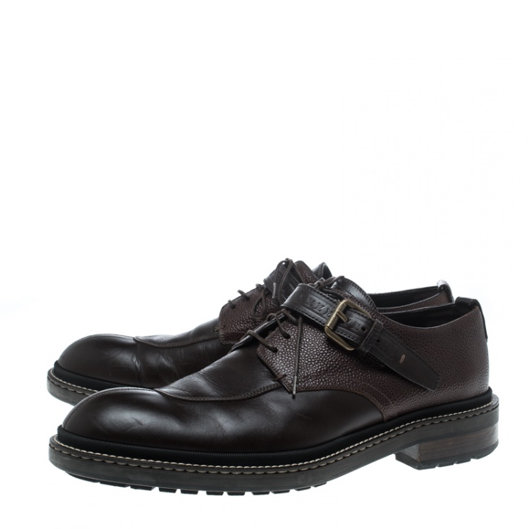 Pre Owned Louis Vuitton Brown Leather Lace Up Buckle Detail Oxfords Size 42.5