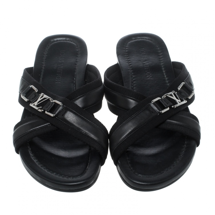 Pre Owned Louis Vuitton Black Leather Criss-Cross Sandals Size 44