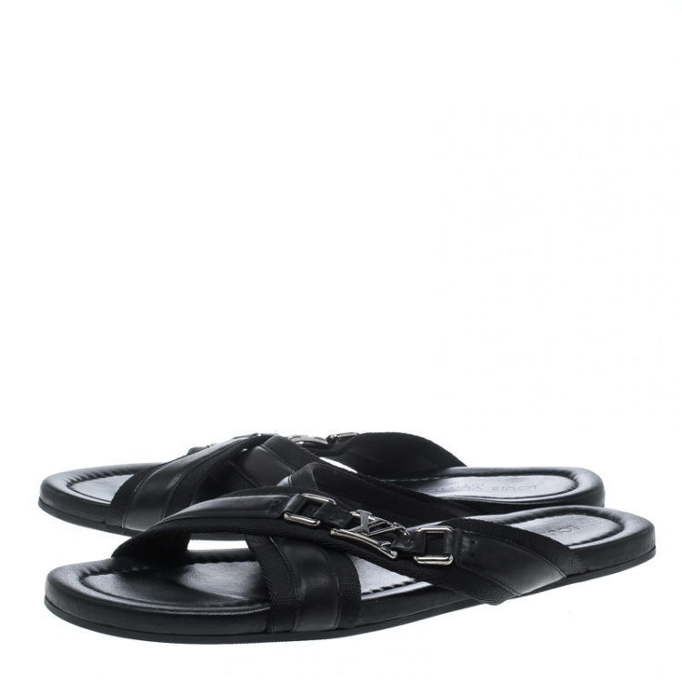 Pre Owned Louis Vuitton Black Leather Criss-Cross Sandals Size 44